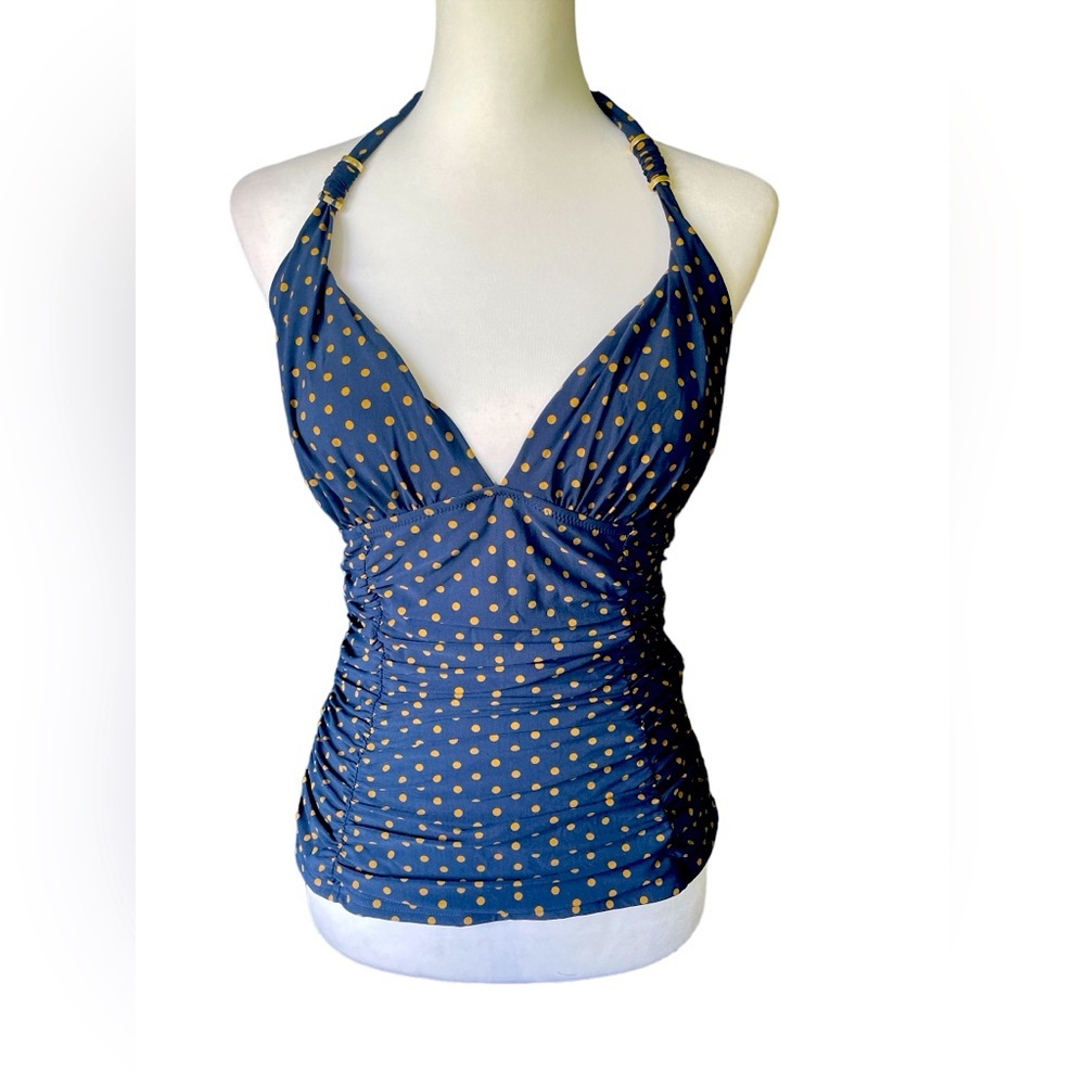 Lands' End Navy & Gold Side Ruched Tankini Top, Size 8, Resort, Beach, Poolside